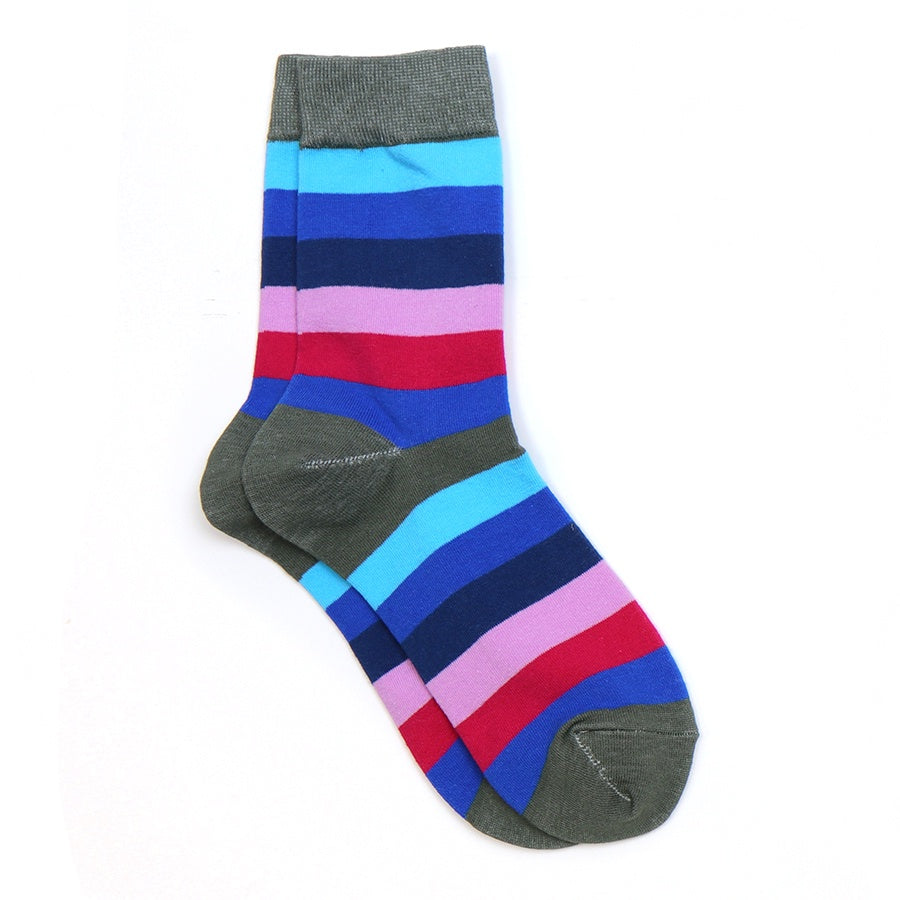 Socks: Ankle Organic Cotton Blend Striped - GREEN & BLUE - POM