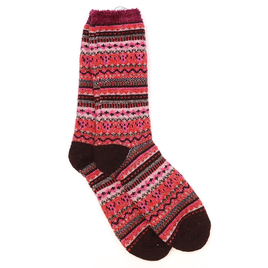 Socks: Knit Fairisle Recycled Viscose Blend - Wine & Pink - POM