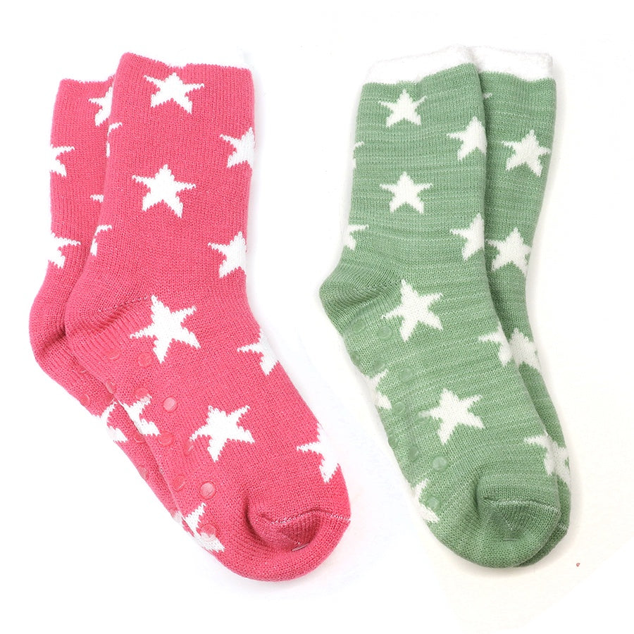 Socks: Cosy Lined Stars Pack 2 - Raspberry Pink & Green - POM