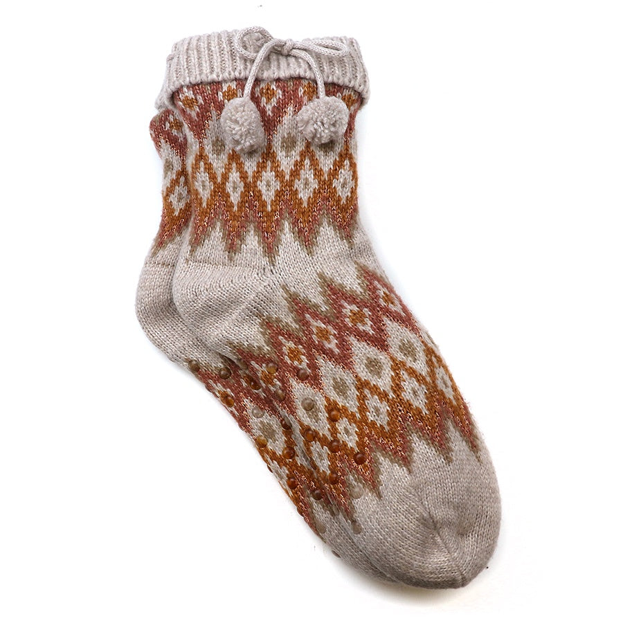 Slipper Socks: Knit Recycled Blend Cosy Lined - Beige & Tan - POM