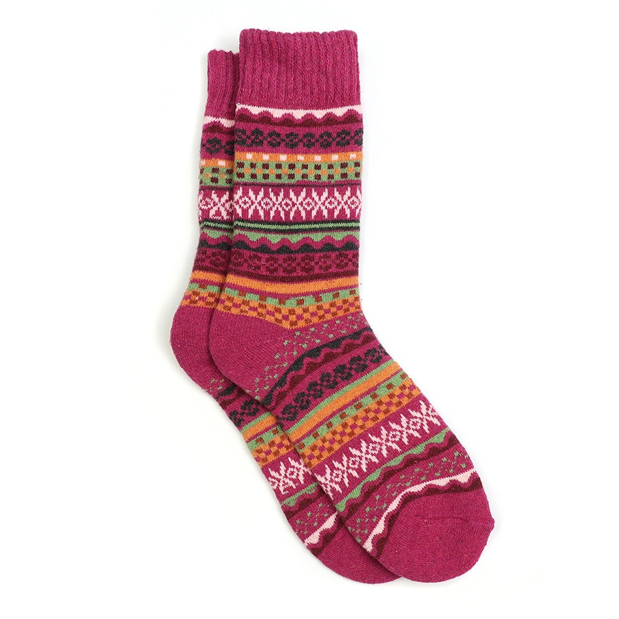 Socks: Wool Blend Fairisle Cosy Nordic Style - Pink & Orange - POM