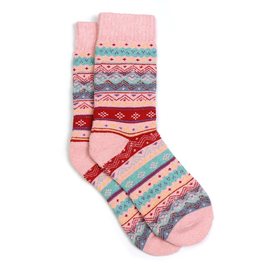 Socks: Wool Blend Fairisle Cosy Nordic Style - Pink Red & Aqua - POM
