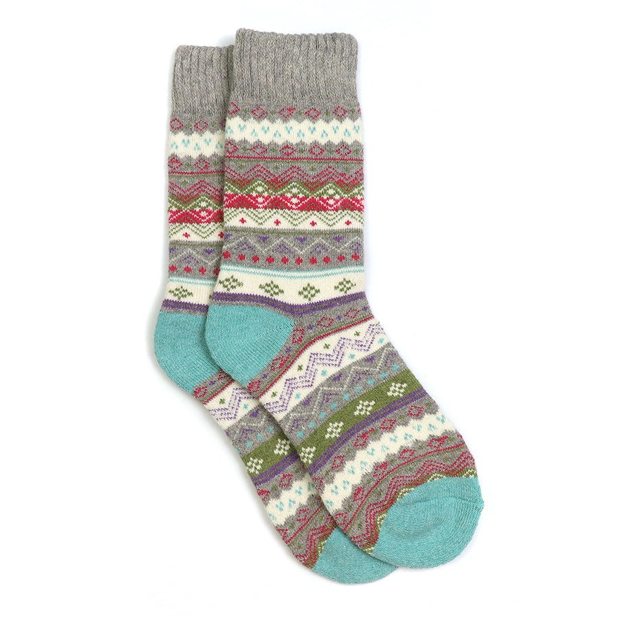 Socks: Wool Blend Fairisle Cosy Nordic Style - Grey Pink & Aqua - POM