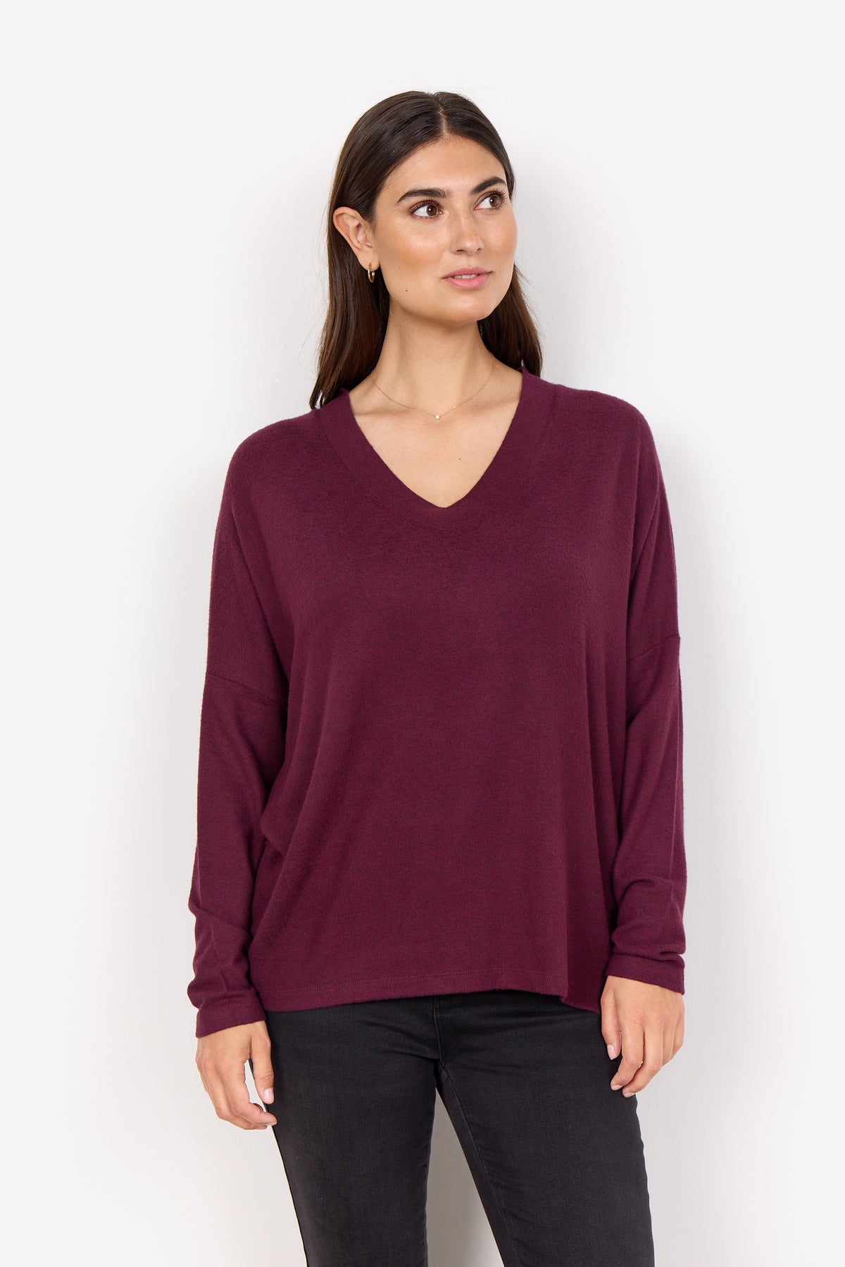 Top:  Soft Touch Melange  V Neck Long Sleeve BIARA   - Dark Red - Soya Concept