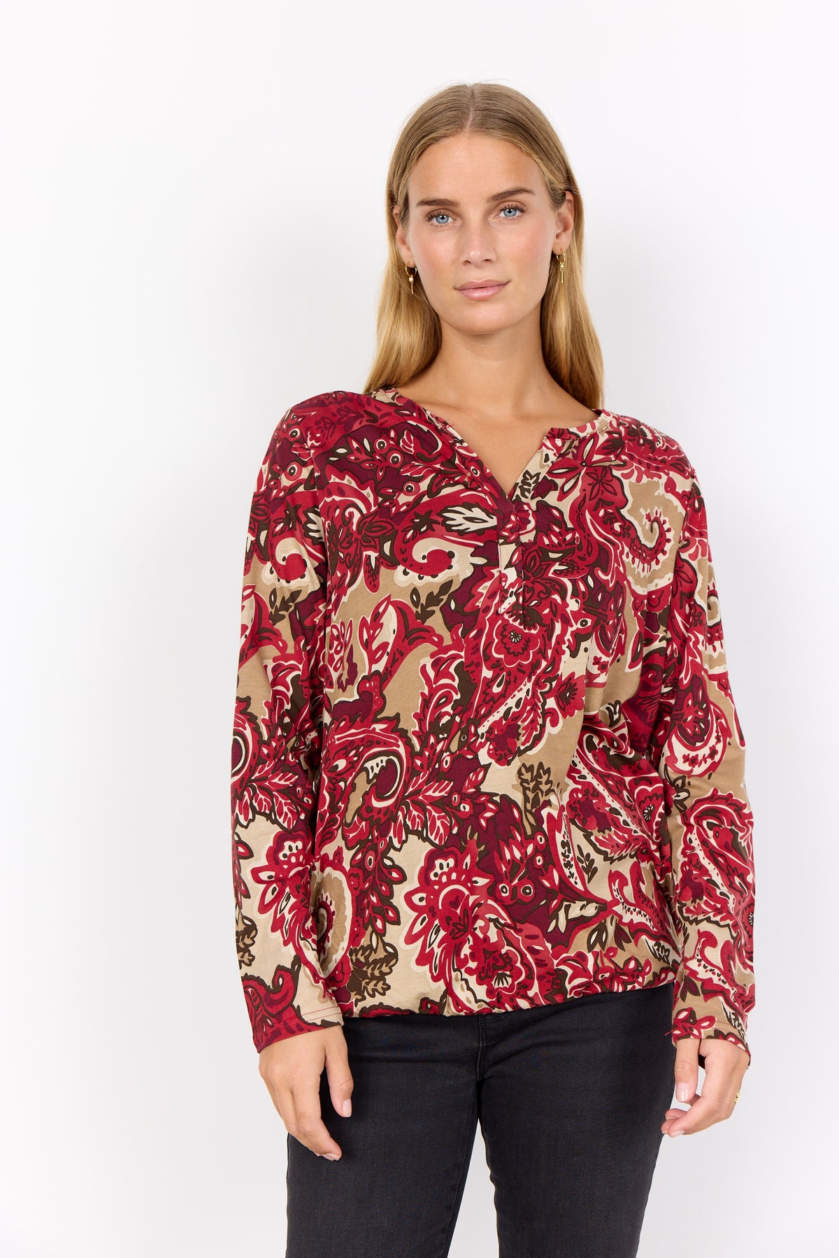 Blouse: Organic Cotton Mix V Neck Paisley Pattern Long Sleeve FELICITY   - Dark Red - Soya Concept