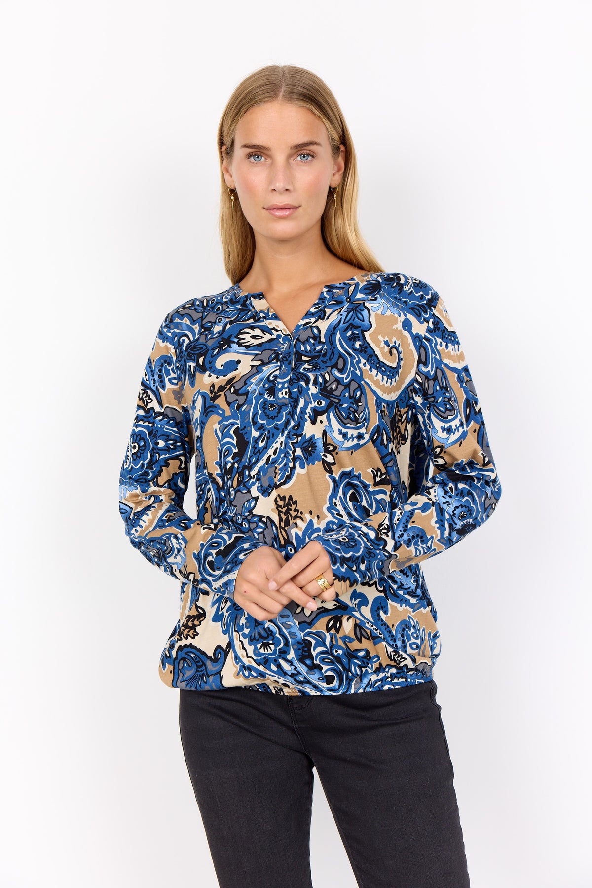 Blouse: Organic Cotton Mix V NeckPaisley Pattern Long Sleeve FELICITY   - Dark Blue - Soya Concept