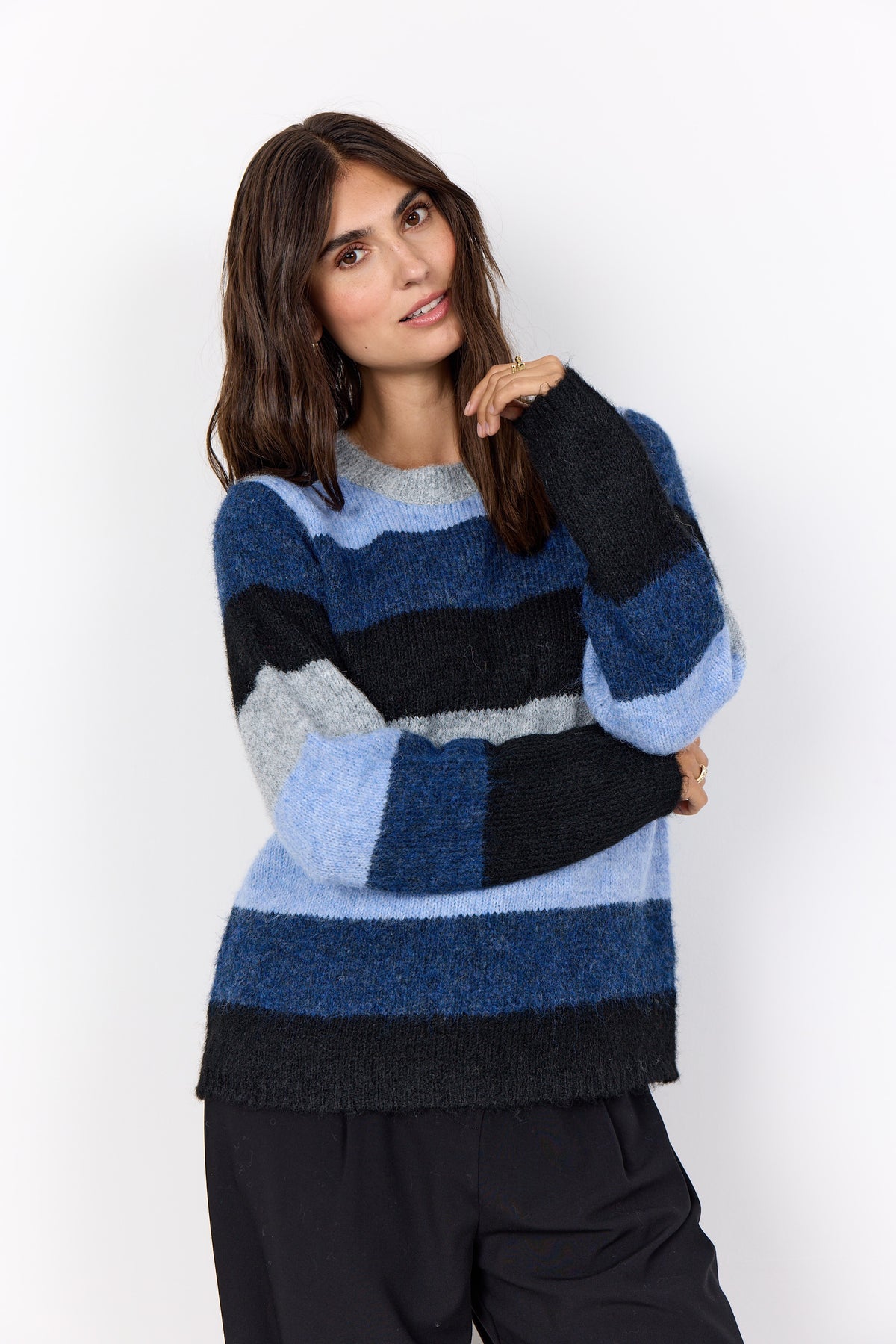 Jumper: Recycled Mix Bold Horizontal Stripe Long Sleeve ILENE   - Dark Blue - Soya Concept