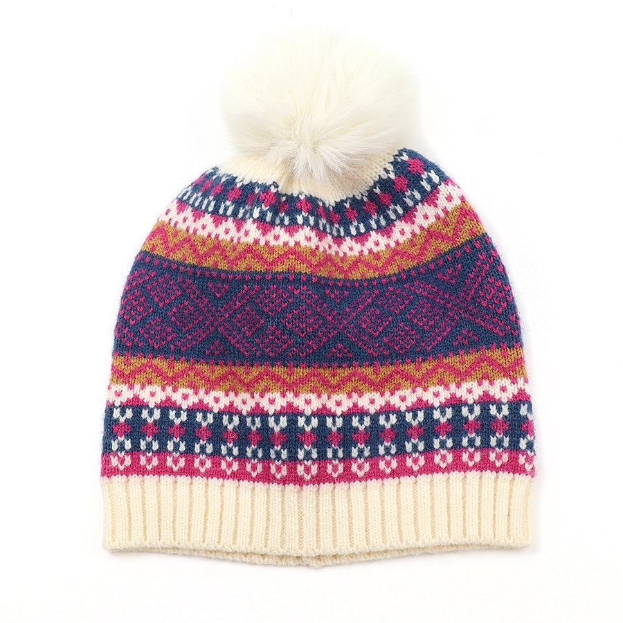 Bobble Hat: Knit Fairisle Cosy Nordic Style - Cream & Navy - POM