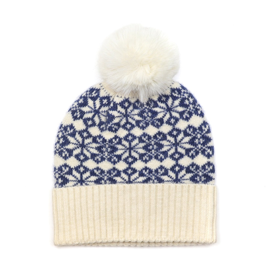 Bobble Hat: Knit Scandi Star Flower Faux Fur  - Blue & Cream - POM