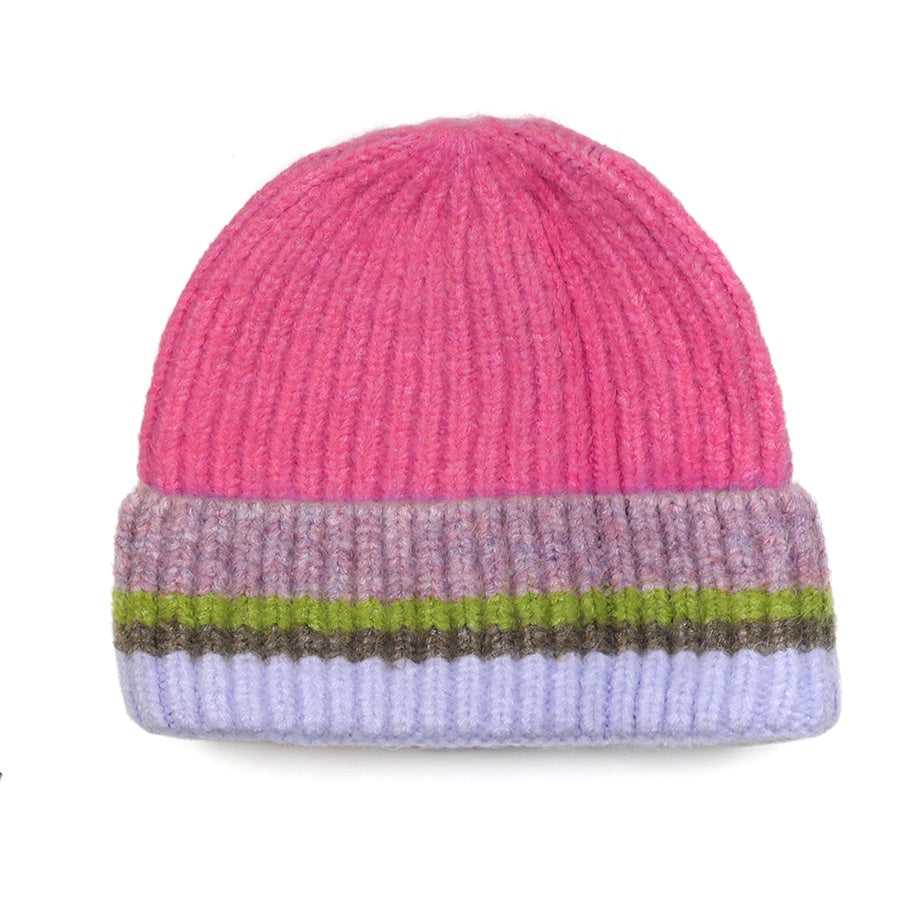 Beanie Hat: Knit Wool Blend Rainbow Multistripe  - Pink - POM