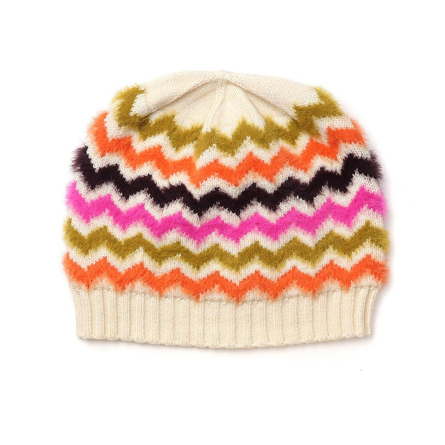 Beanie Hat: Knit Fluffy Viscose Blend  Chevron  - Autumnal Brights - POM
