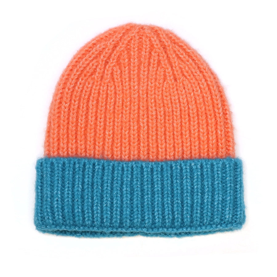 Beanie Hat: Knit Viscose Blend  Colour Block - Orange & Turquoise - POM