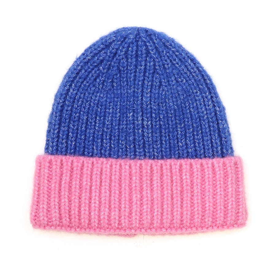 Beanie Hat: Knit Viscose Blend  Colour Block - Cobalt & Pink - POM