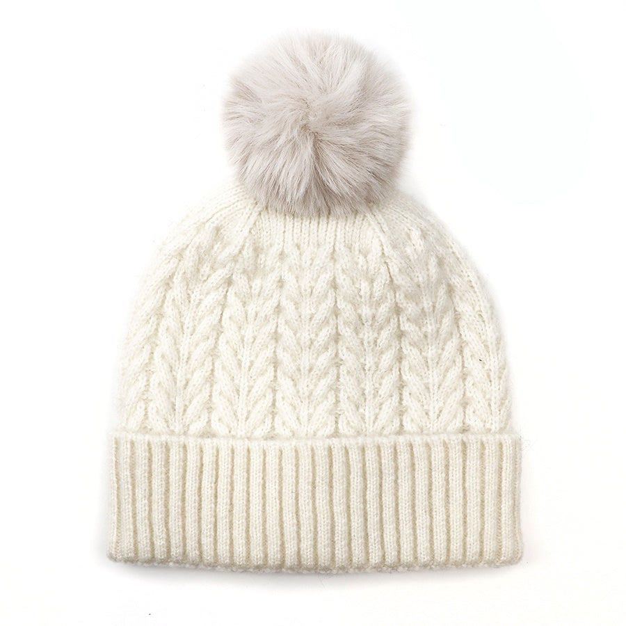 Bobble Hat: Knit Recycled Yarn Cable Knit - Assorted Colours - POM