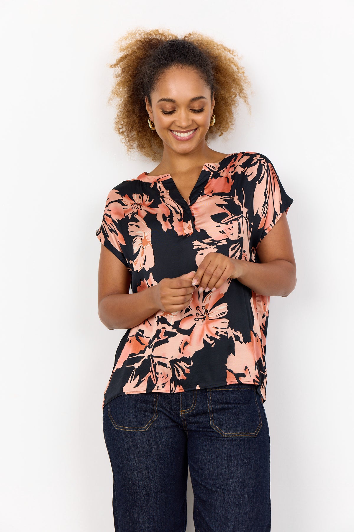 Blouse: Large Floral Print PEACH - Peach Pink & Black - Soya Concept