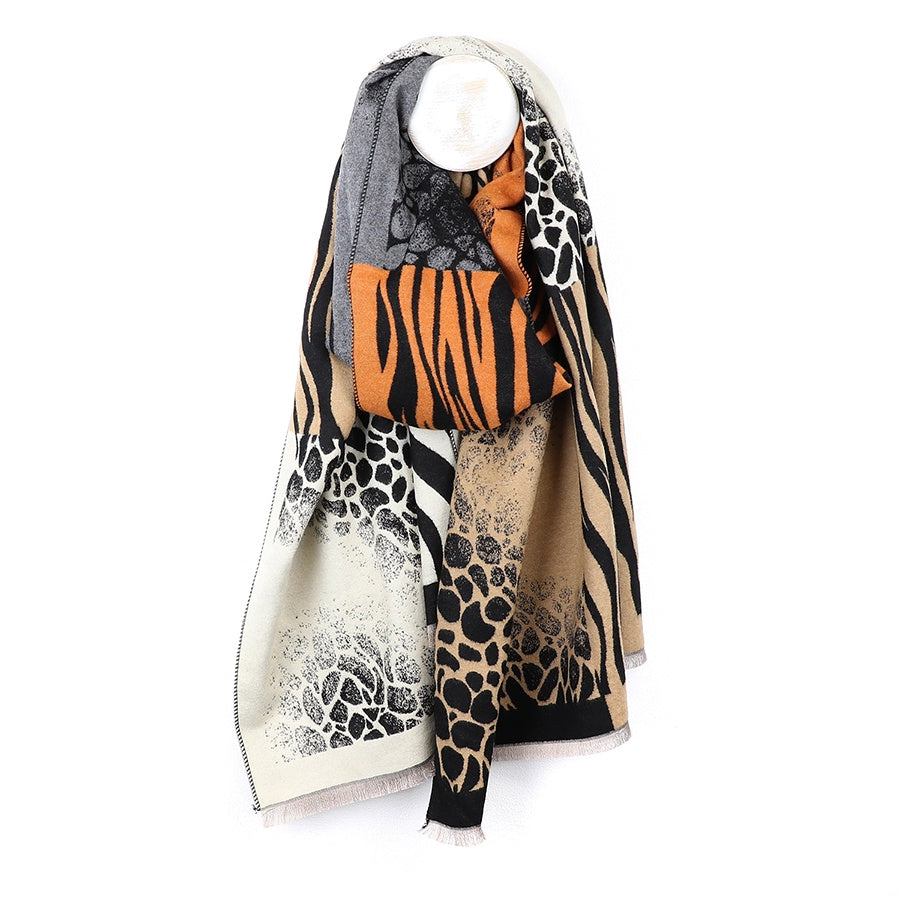 Scarf: Blanket Animal Pattern Reversible Jacquard Eyelash Fringe - Orange Beige - POM
