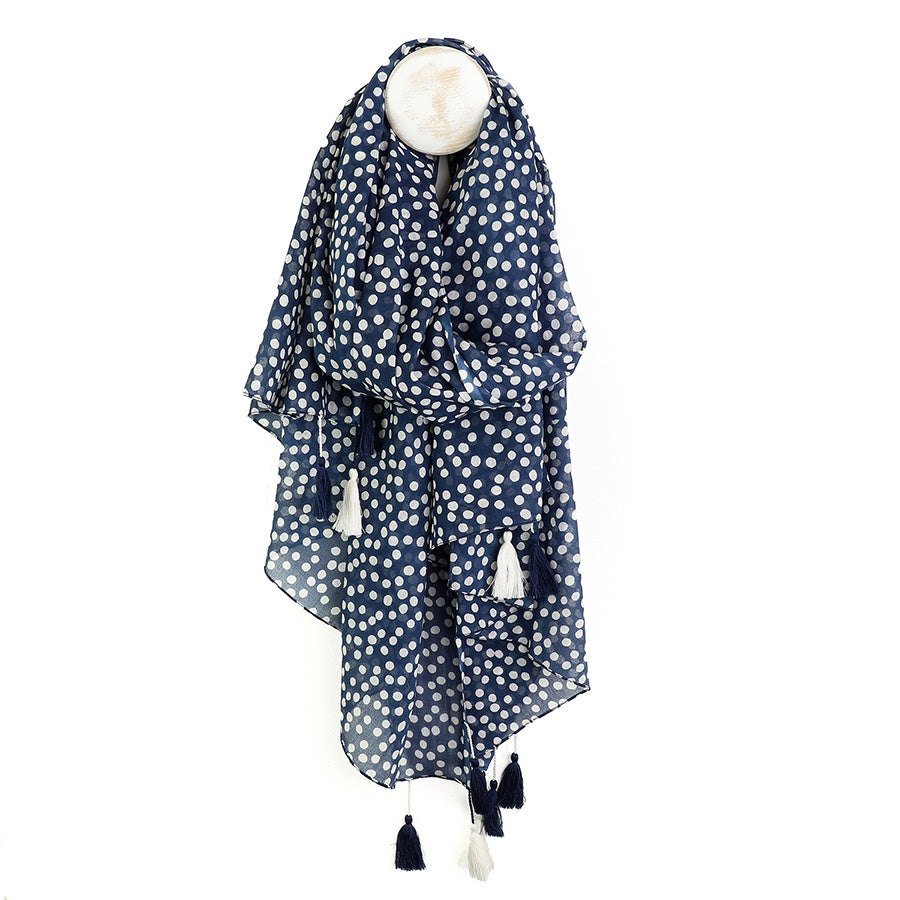 Scarf: Organic Cotton Polka Dot Print Tassels - Navy - POM