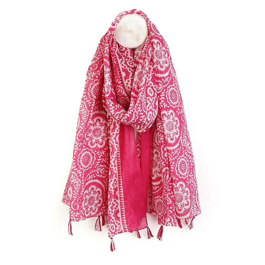 Scarf: Organic Cotton Paisley Floral With Tassels - Pink  - POM