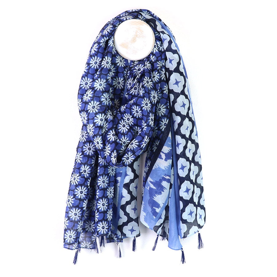Scarf: Organic Cotton Abstract Tile Print  Floral With Tassels - Blue  - POM