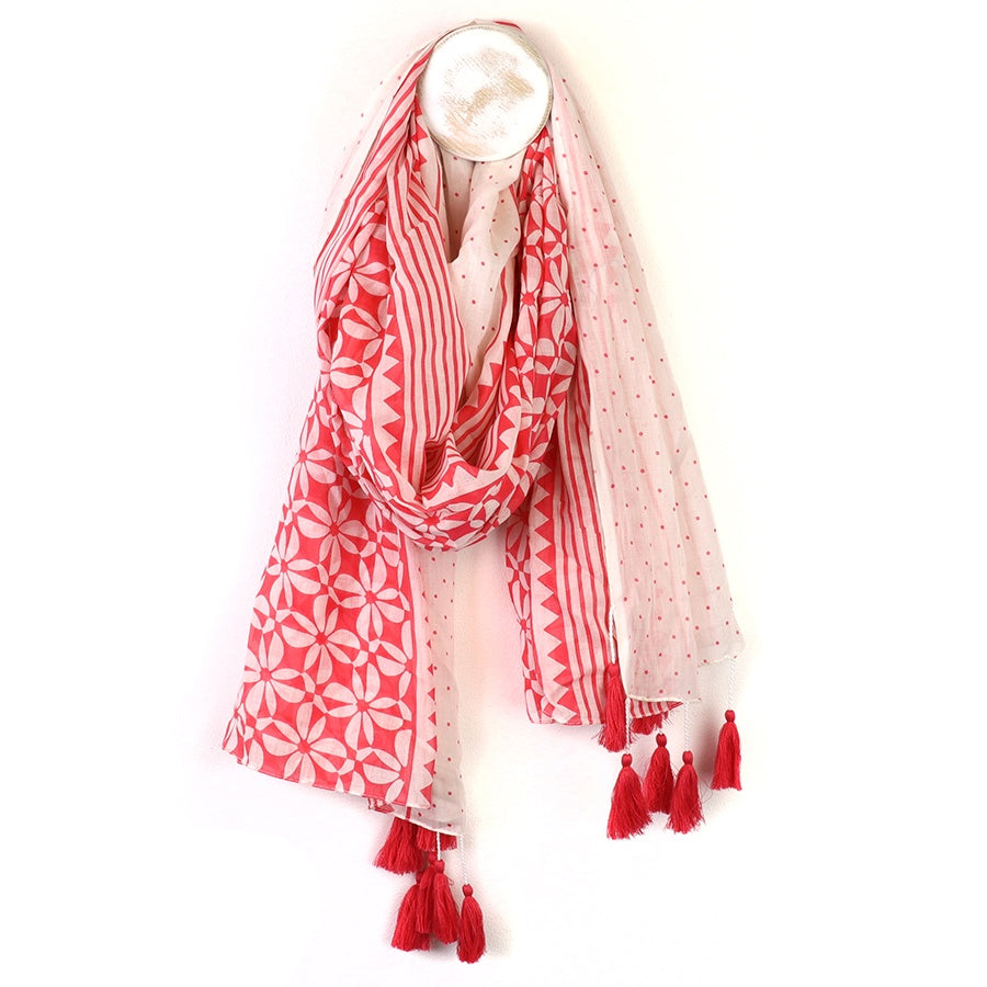 Scarf: Organic Cotton Flower Print - Coral & Off-White - POM