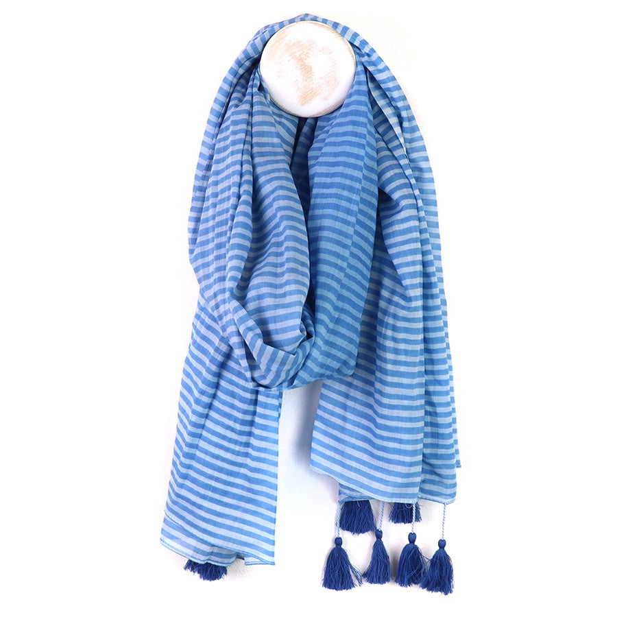Scarf: Organic Cotton Mixed Stripe With Tassels - Blue - POM
