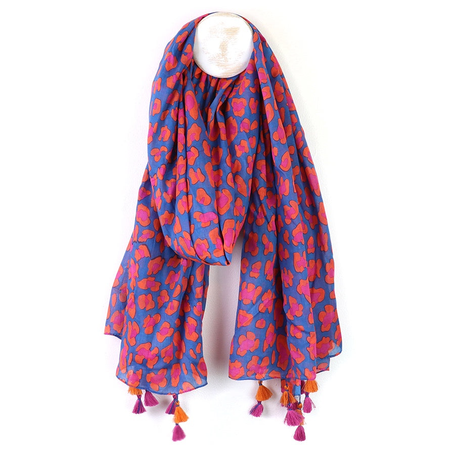 Scarf: Organic Cotton Camo Print Tassels - Pink & Blue - POM