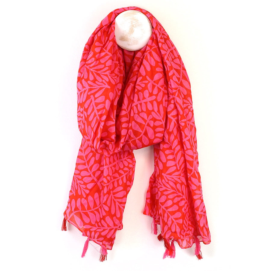 Scarf: Organic Cotton Vine Silhouette Print Tassels - Red & Pink - POM