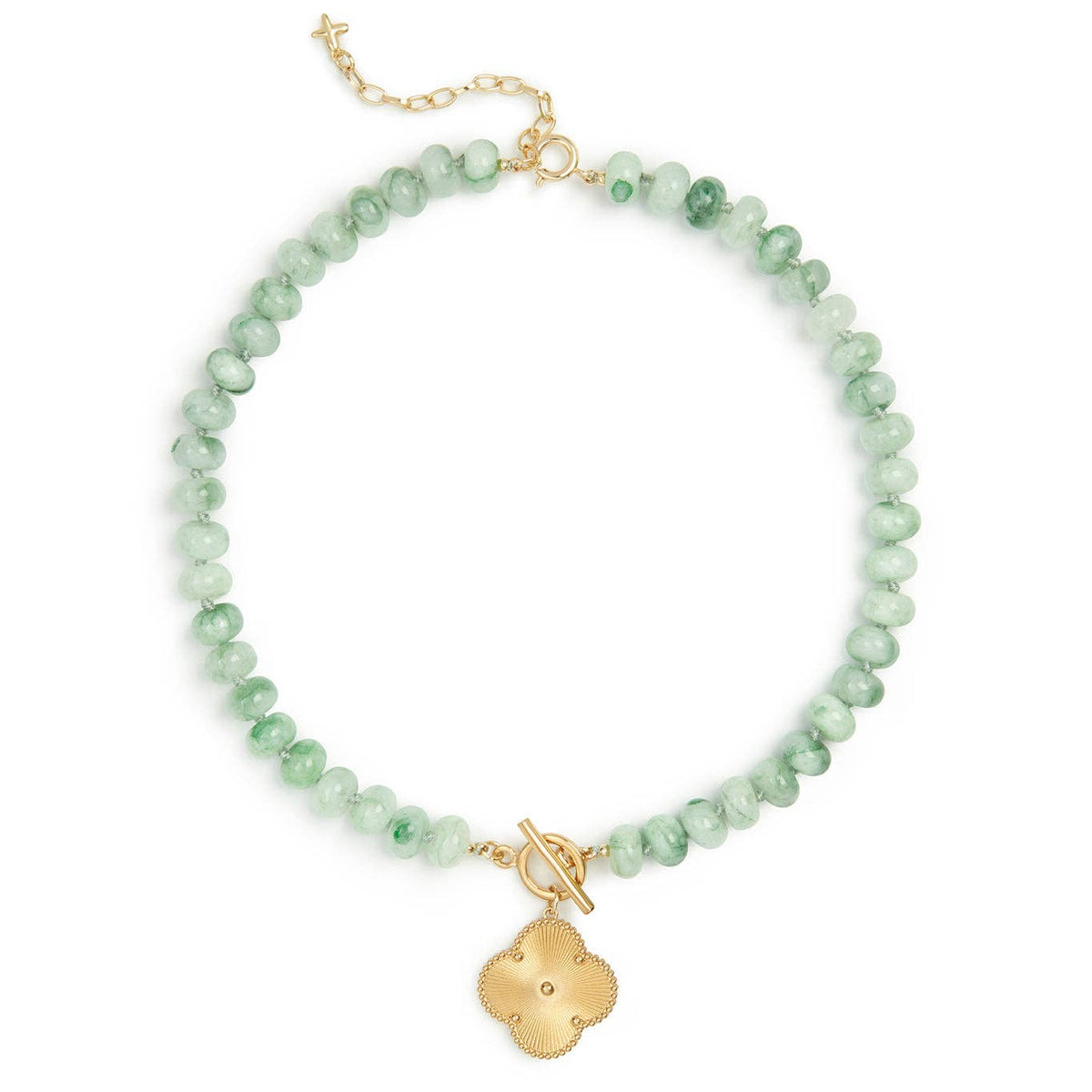 Necklace: Short Jade Stone Natural Beaded Clover Charm - Green - XuXa