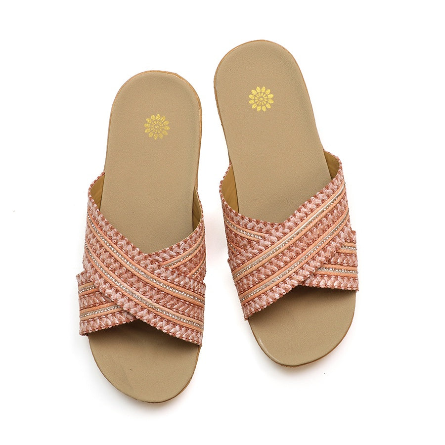 Sandals: Sliders Woven Crossover Flax Lining Medium  - Coral - POM