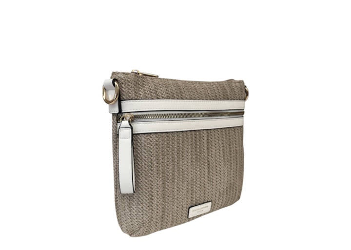 Crossbody Bag: Straw Leather Trim Zip Top Front & Back Pockets - Various Colours - David Jones