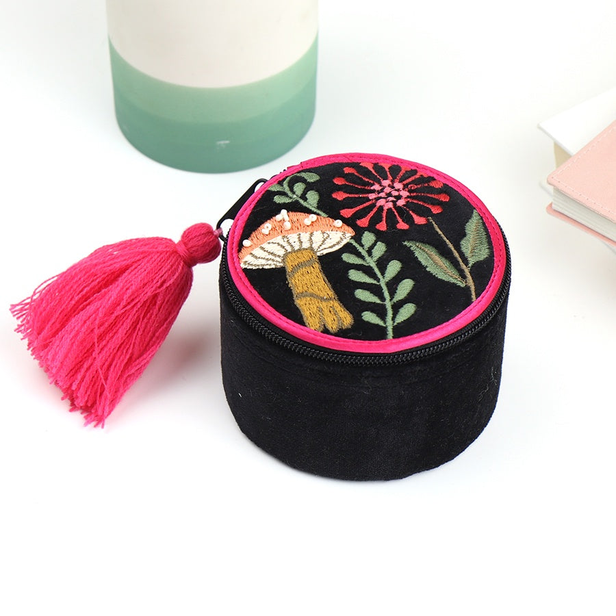 Trinket Box: Velvet Embroidered Round Toadstools Tassels - BLACK - POM