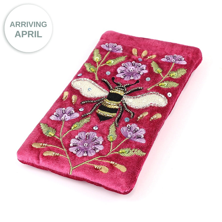 Glasses Case: Velvet Embroidery Floral Bee - Bright Pink - POM