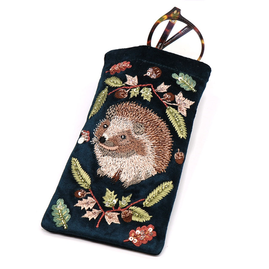 Glasses Case: Velvet Embroidered Hedgehog & Leaves - Teal - POM