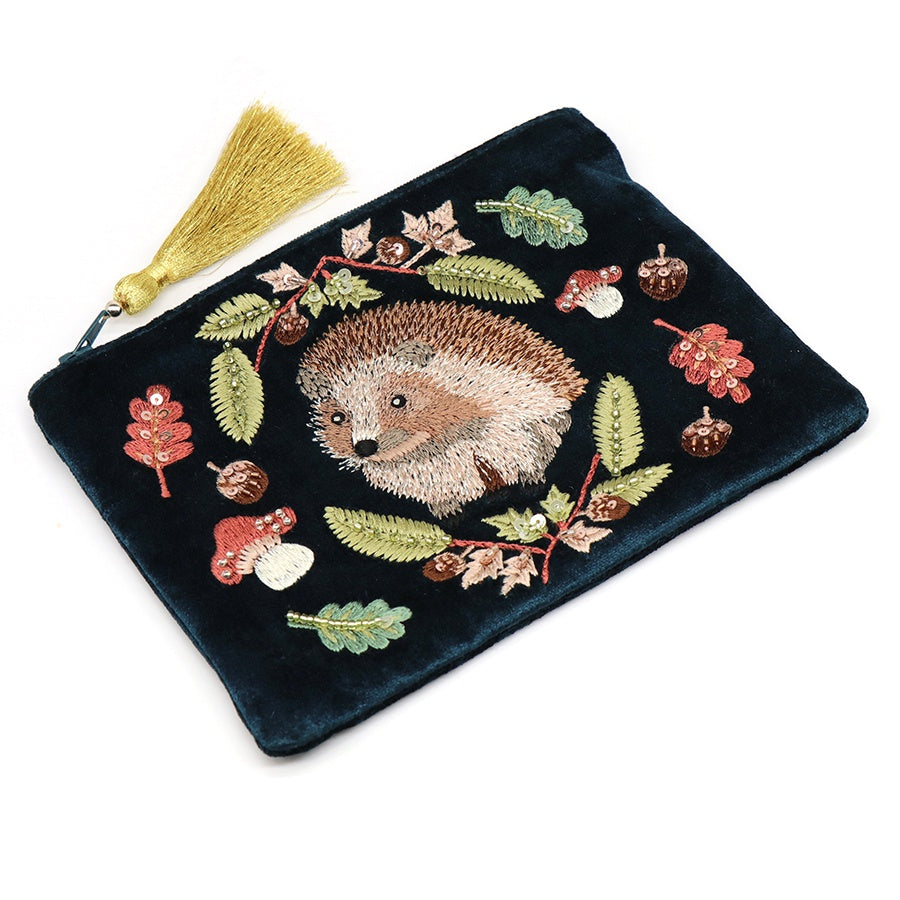 Pouch: Velvet Embroidered Hedgehog & Leaves - Teal - POM