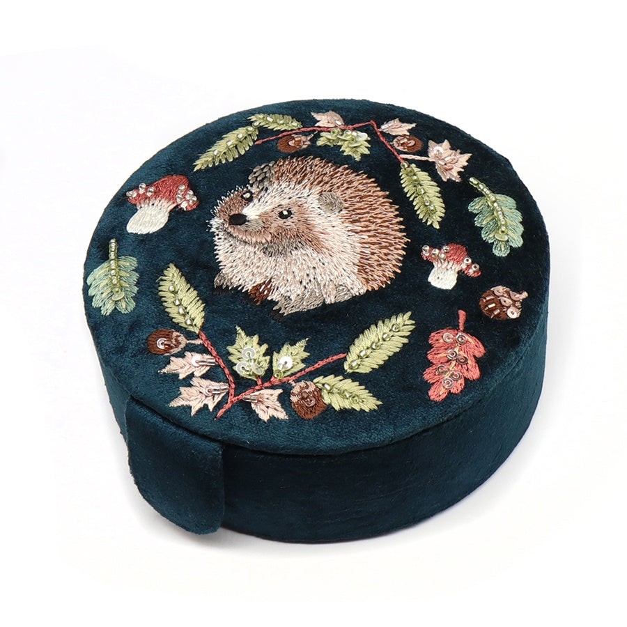 Jewellery Box: Velvet Embroidered Hedgehog & Leaves - Teal - POM