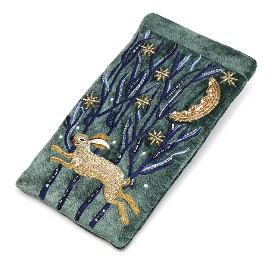 Glasses Case: Velvet Embroidered Leaping Hare - Green - POM