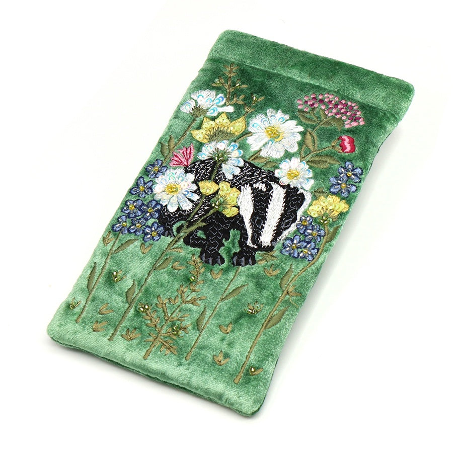 Glasses Case: Velvet Embroidered Badger & Floral - Green - POM