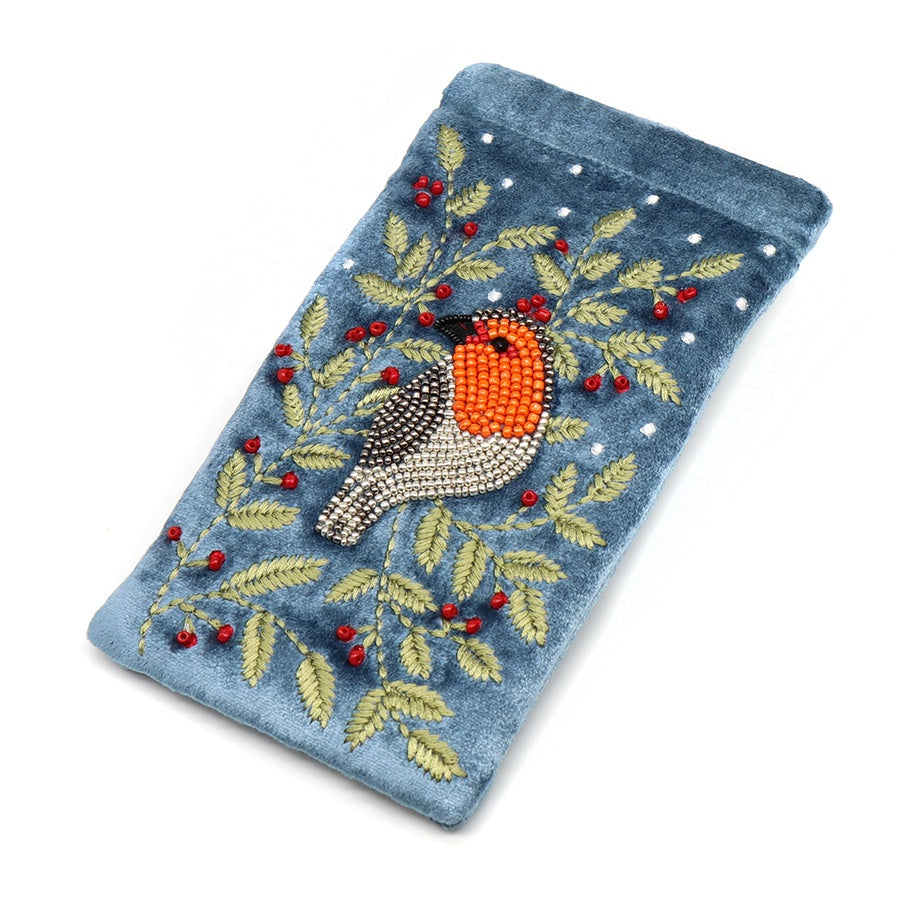Glasses Case: Velvet Embroidered Robin Holly - Blue - POM