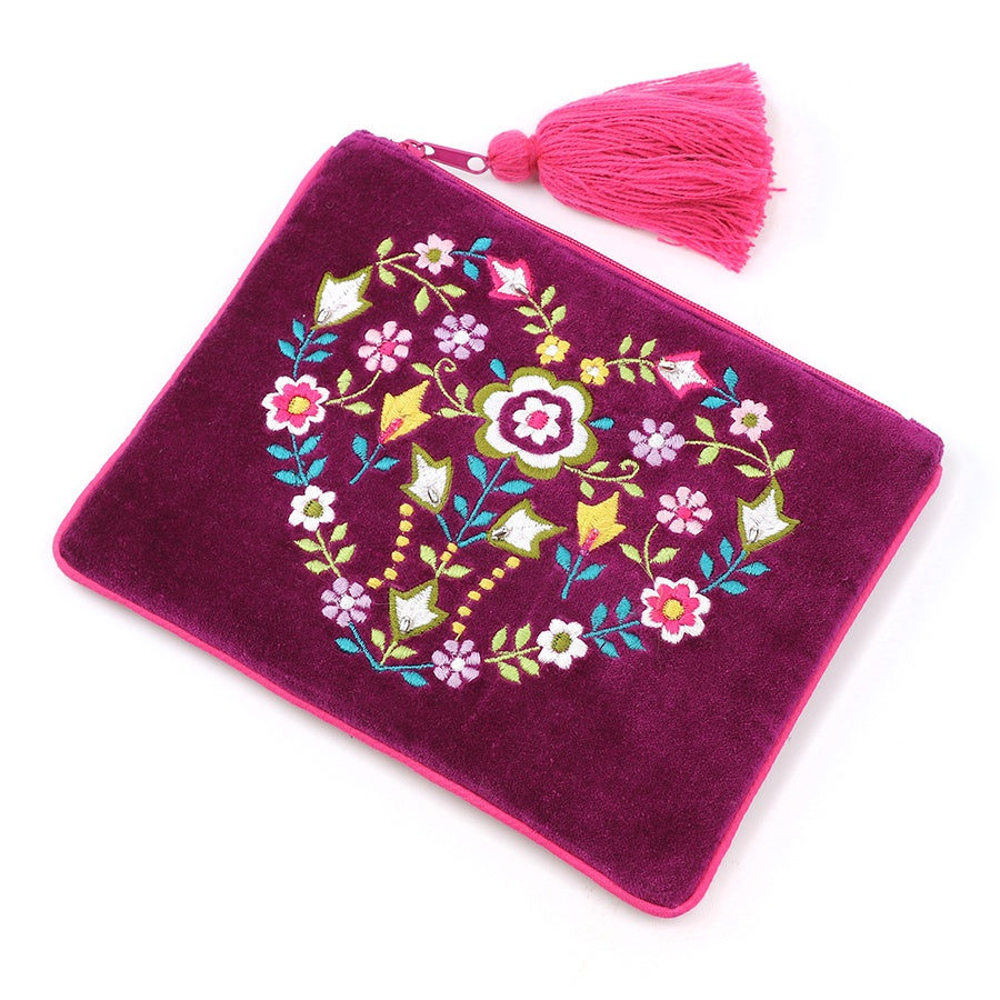 Purse Pouch: Wine Velvet Embroidered Floral Heart Tassels - BRIGHT PINK - POM
