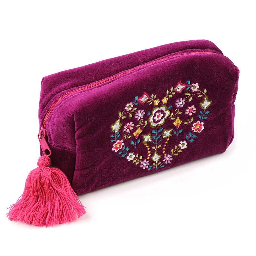Make Up Bag: Wine Velvet Embroidered Floral Heart Tassels - BRIGHT PINK - POM