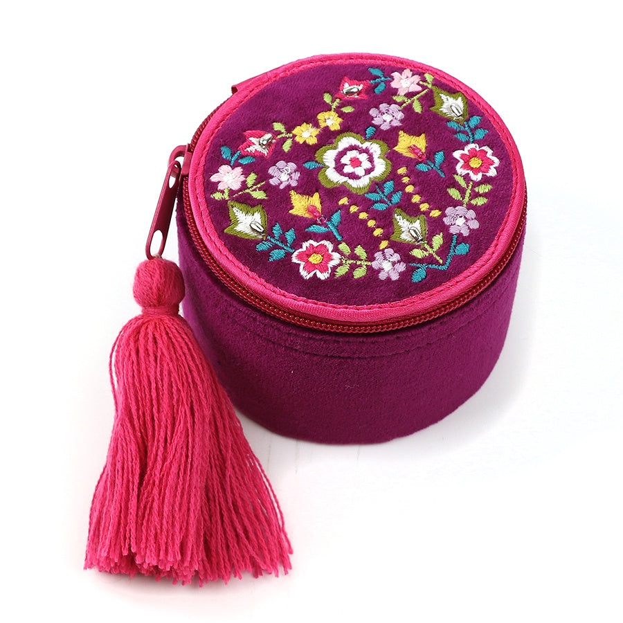 Trinket Box: Wine Velvet Embroidered Round Floral  HeartTassels - BRIGHT PINK - POM