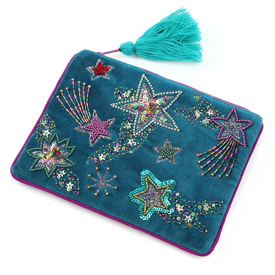 Purse Pouch: Velvet Embroidered Shooting Star Tassels - TEAL - POM