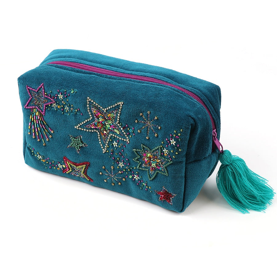 Make Up Bag: Velvet Embroidered Shooting StarsTassels - TEAL - POM