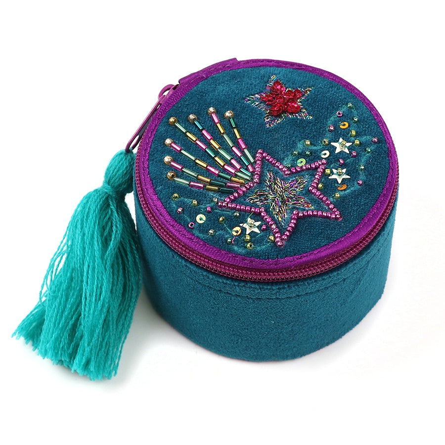 Trinket Box: Velvet Embroidered Round Shooting Stars Tassels - TEAL - POM