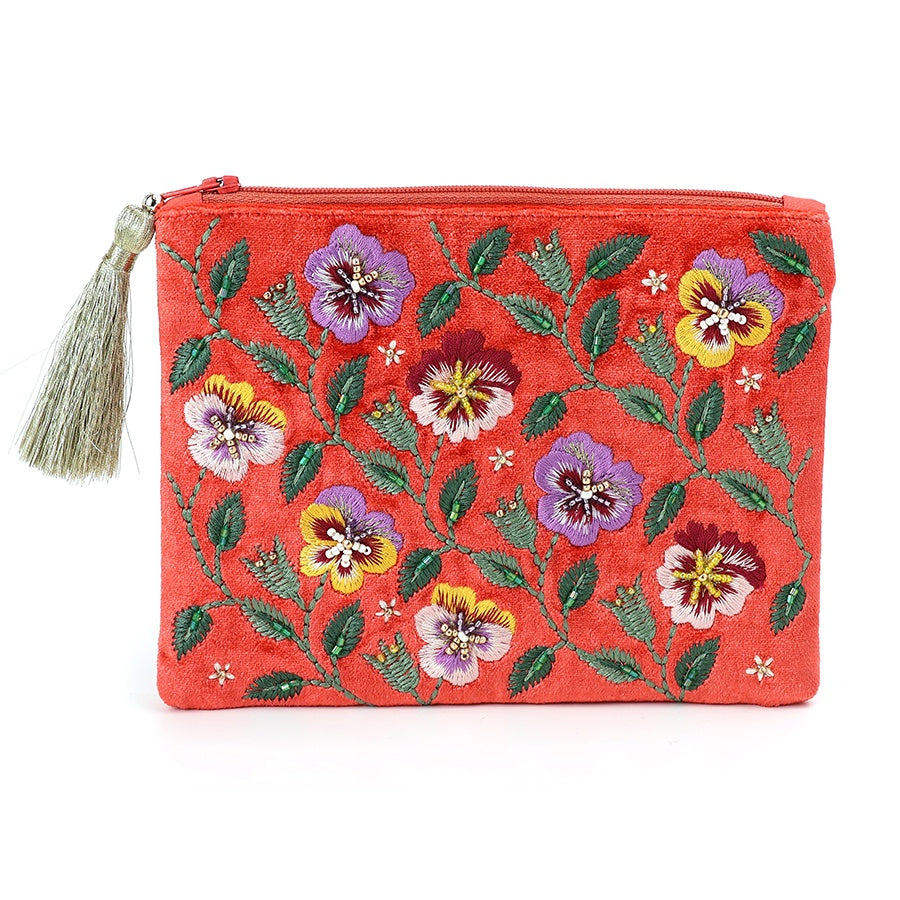 Purse Pouch: Velvet Embroidered Floral Tassels - Assorted Colours- POM