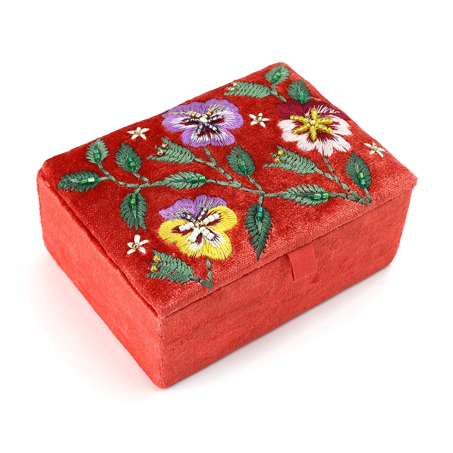 Large Jewellery Box: Velvet Embroidered Floral - Green Dahlias- POM