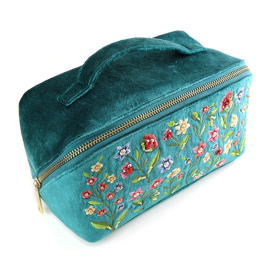 Cosmetic Bag: Velvet Fold Out Embroidered Floral - Teal - POM