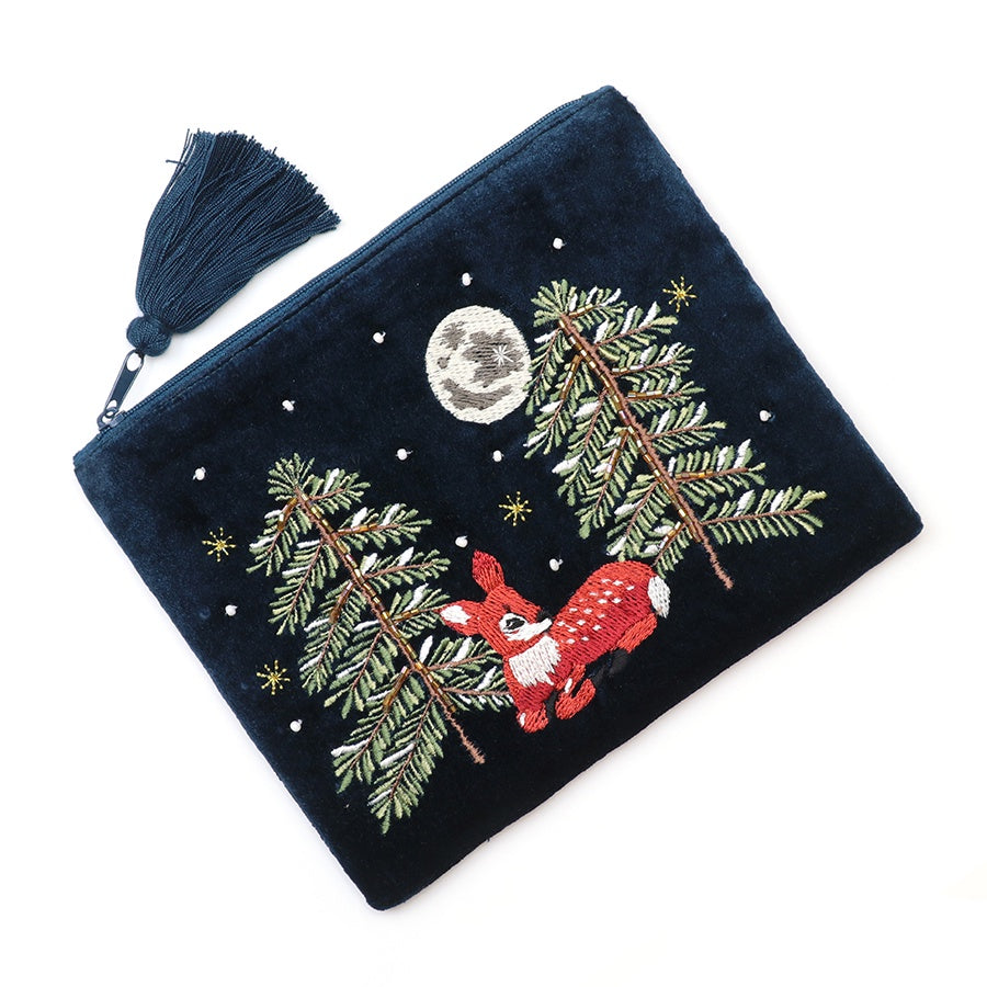 Purse Pouch: Velvet Embroidered Forest Fawn - Navy - POM