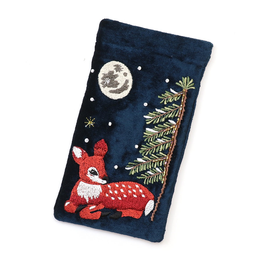 Glasses Case: Velvet Embroidered Forest Fawn  - Navy - POM