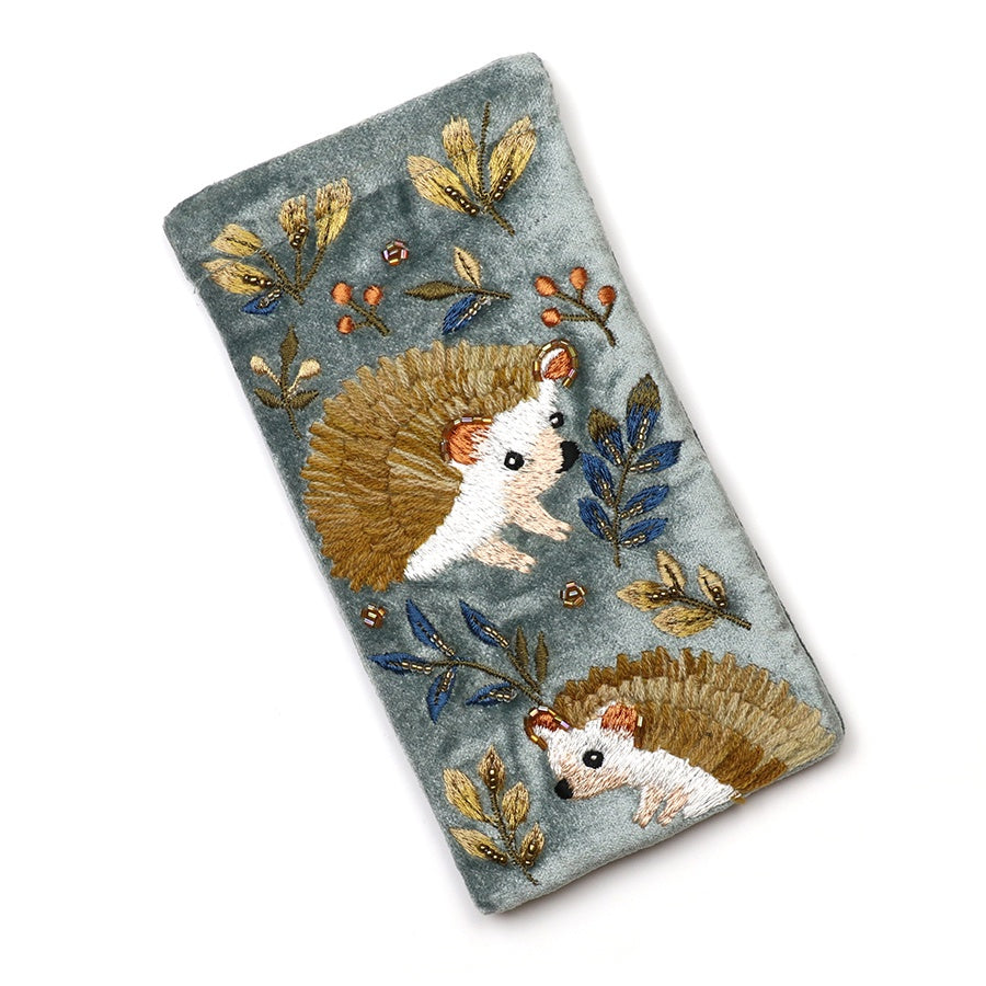 Glasses Case: Velvet Embroidered Hedgehogs - Grey  - POM